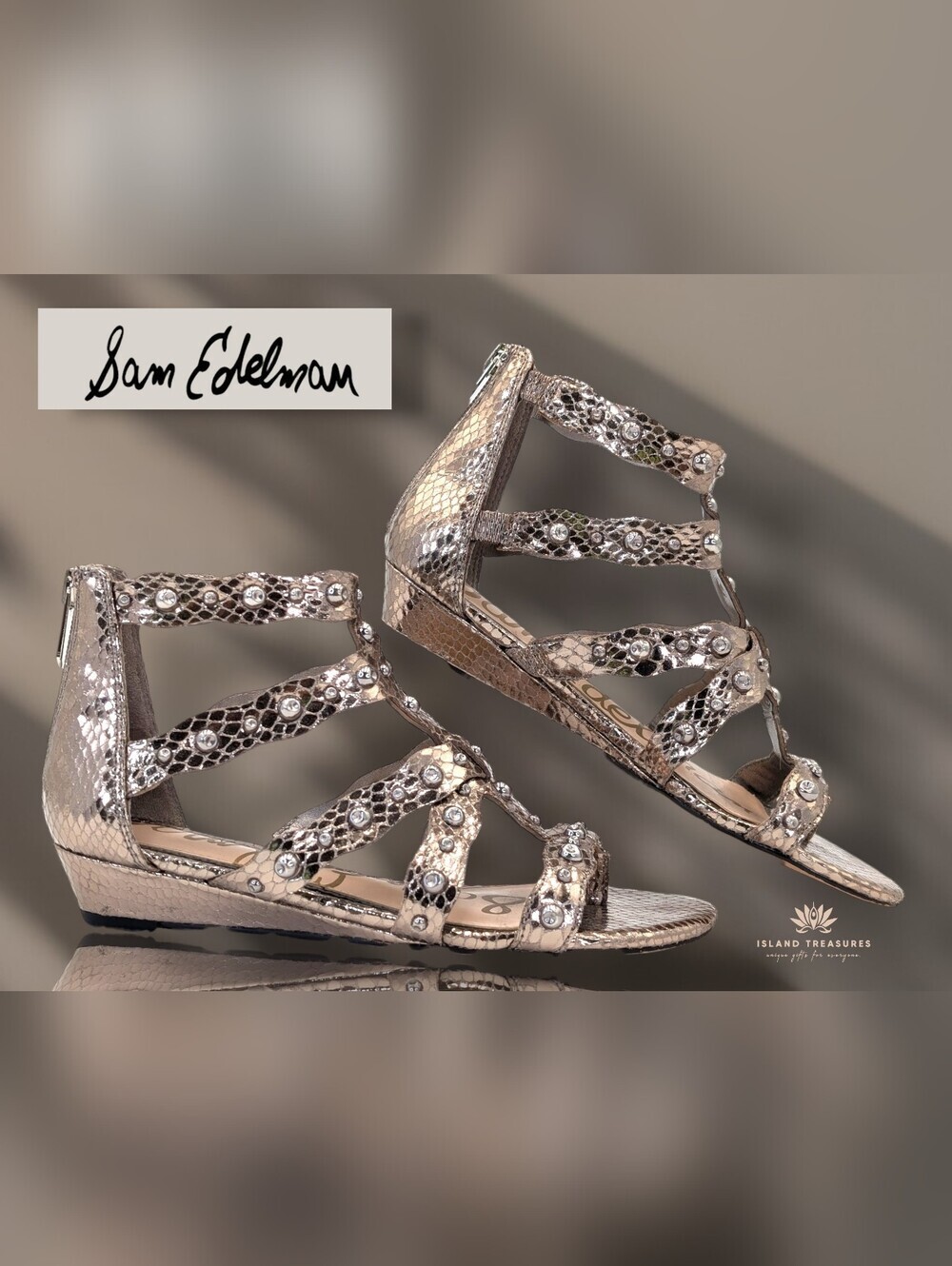 Sam Edelman Sz 5M Gladiator Studded Pewter Metallic Snake Embossed Wedge Sandal